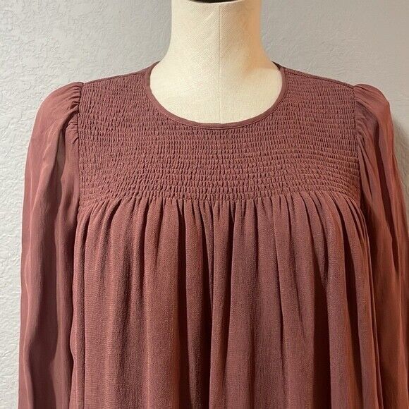 Wilfred Aritzia Babydoll Smocked Mini Dress size S Burgundy Crew Neck - Picture 3 of 13